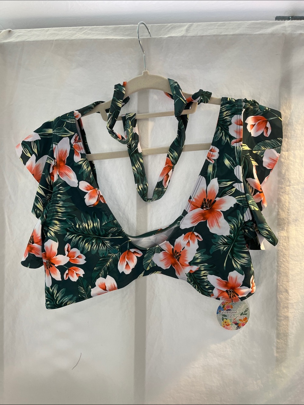 TeLaura Floral cropped Top - Green with Coral Flowers XL NWT